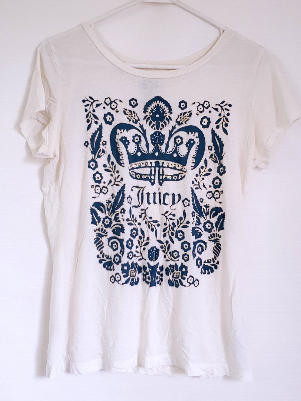 Y2K Juicy Couture White Graphic Baby Tee Blue Crest Sheer Lightweight Womens L